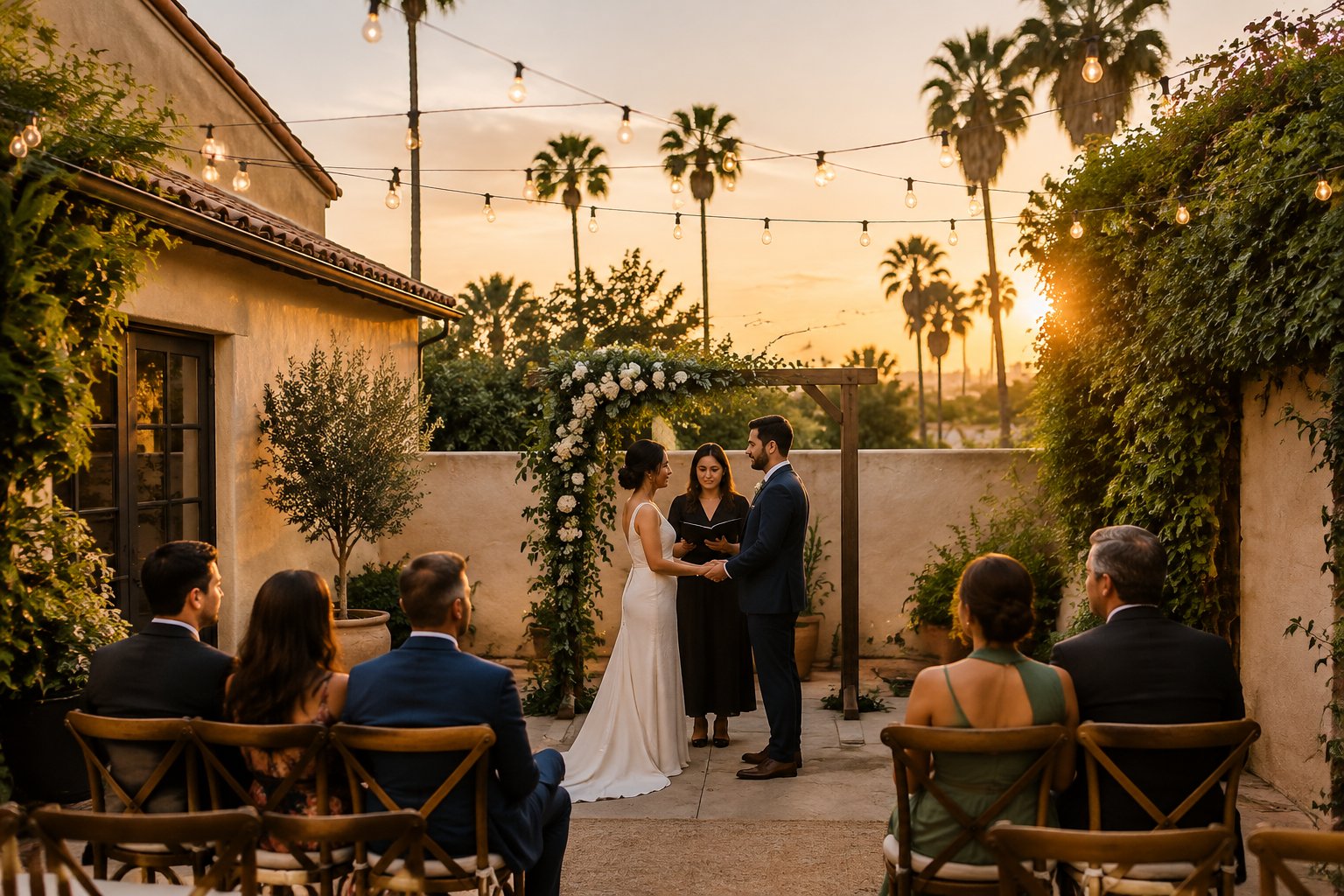 A couple exchanges vows beneath a floral arch in a small courtyard as guests look on.