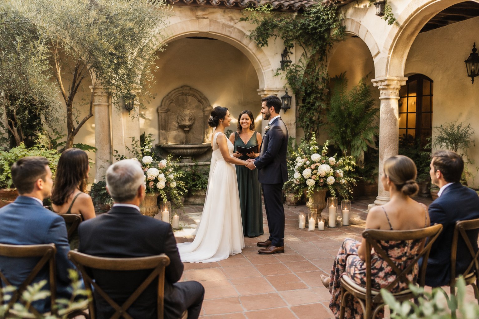 A couple celebrates their wedding with a small group of guests in a historic courtyard.