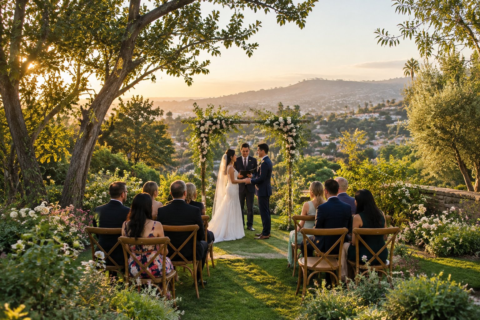 A couple celebrates an intimate garden wedding overlooking the Los Angeles hills.