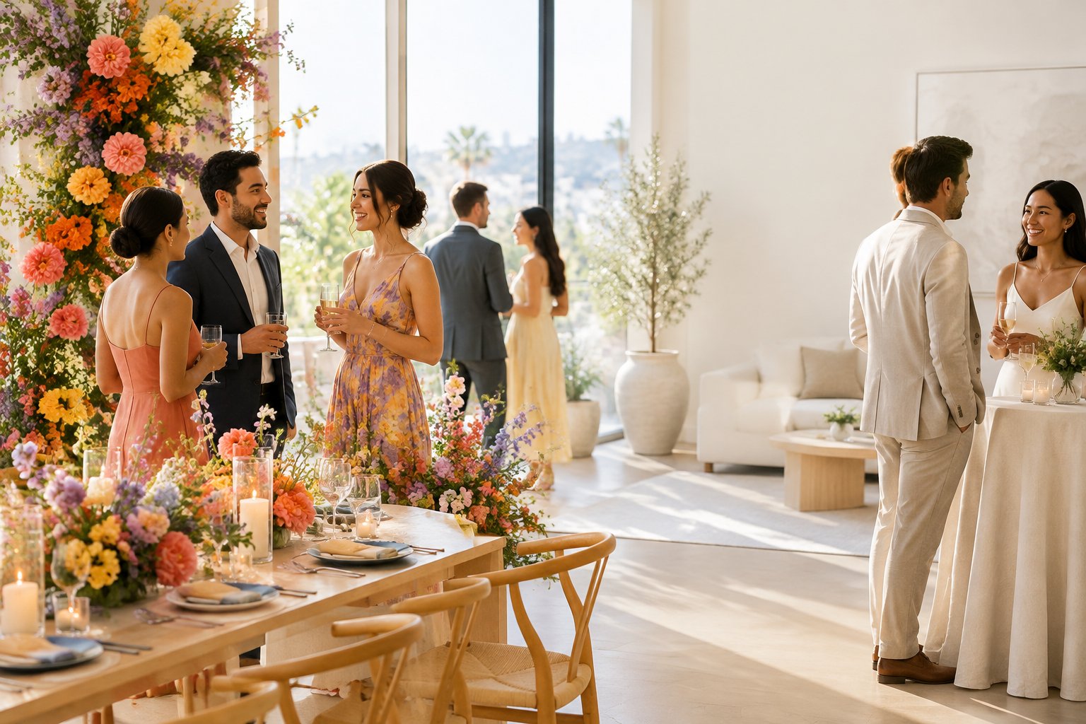 Guests mingle at a small wedding reception with colorful flowers and neutral decor.