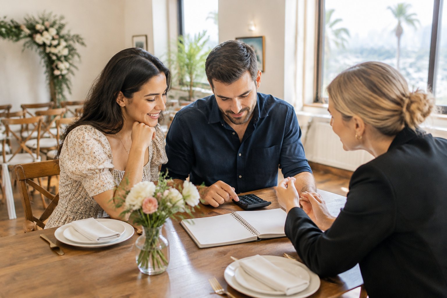 A couple reviews wedding plans at a small venue with a coordinator.