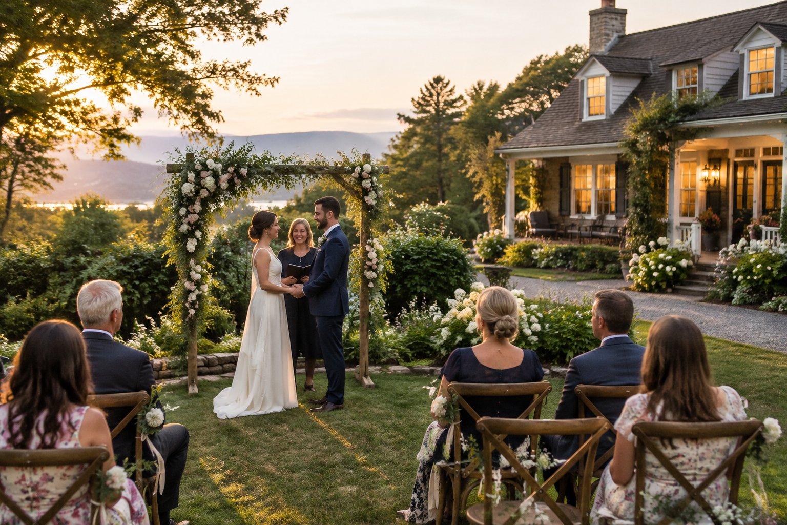A couple celebrates their wedding in a garden beside a small inn.