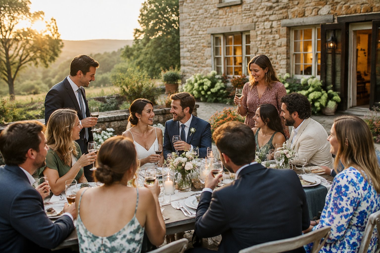 A couple celebrates with close family and friends on the terrace of a countryside inn.