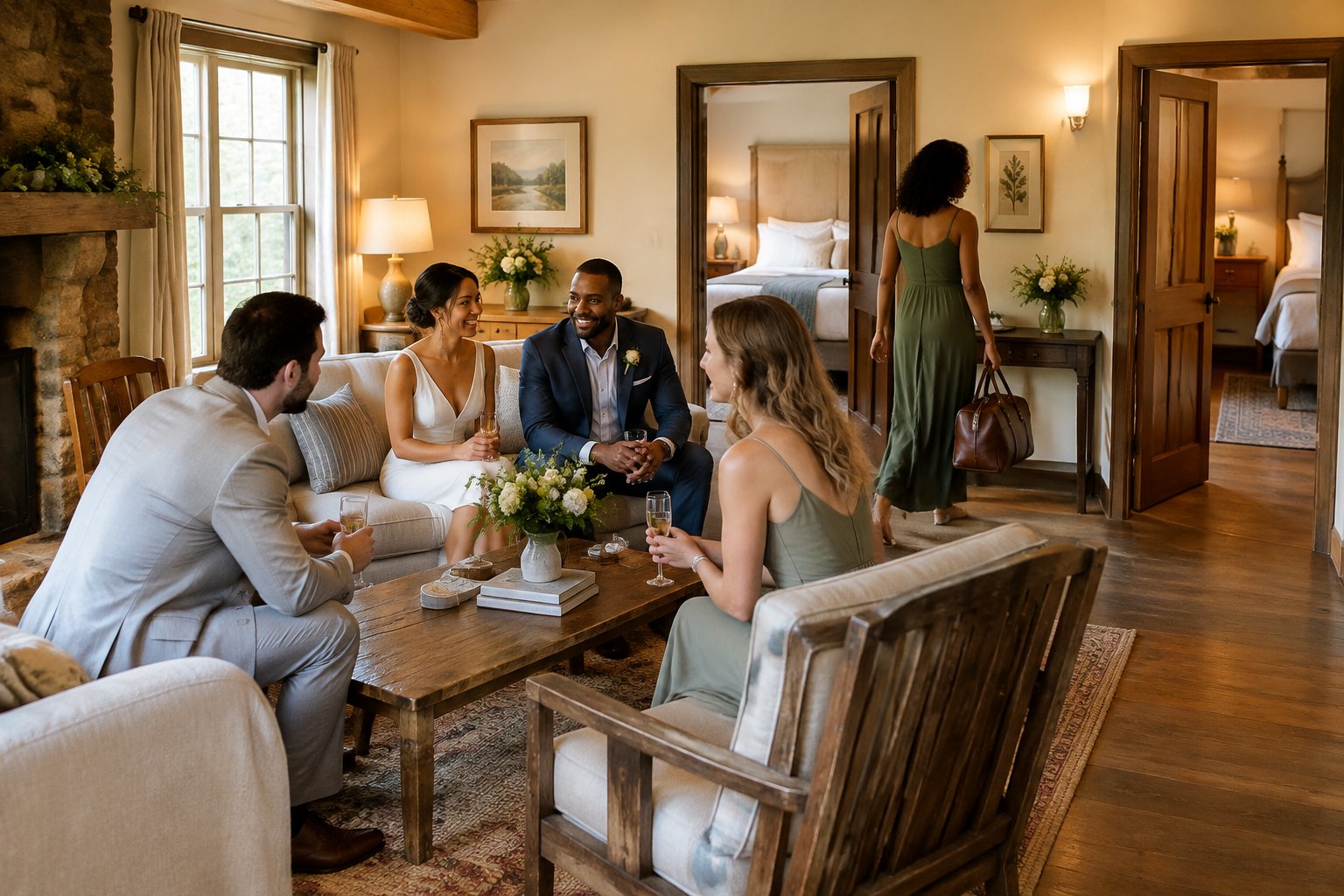 Wedding guests gather in a cozy inn beside a bedroom.