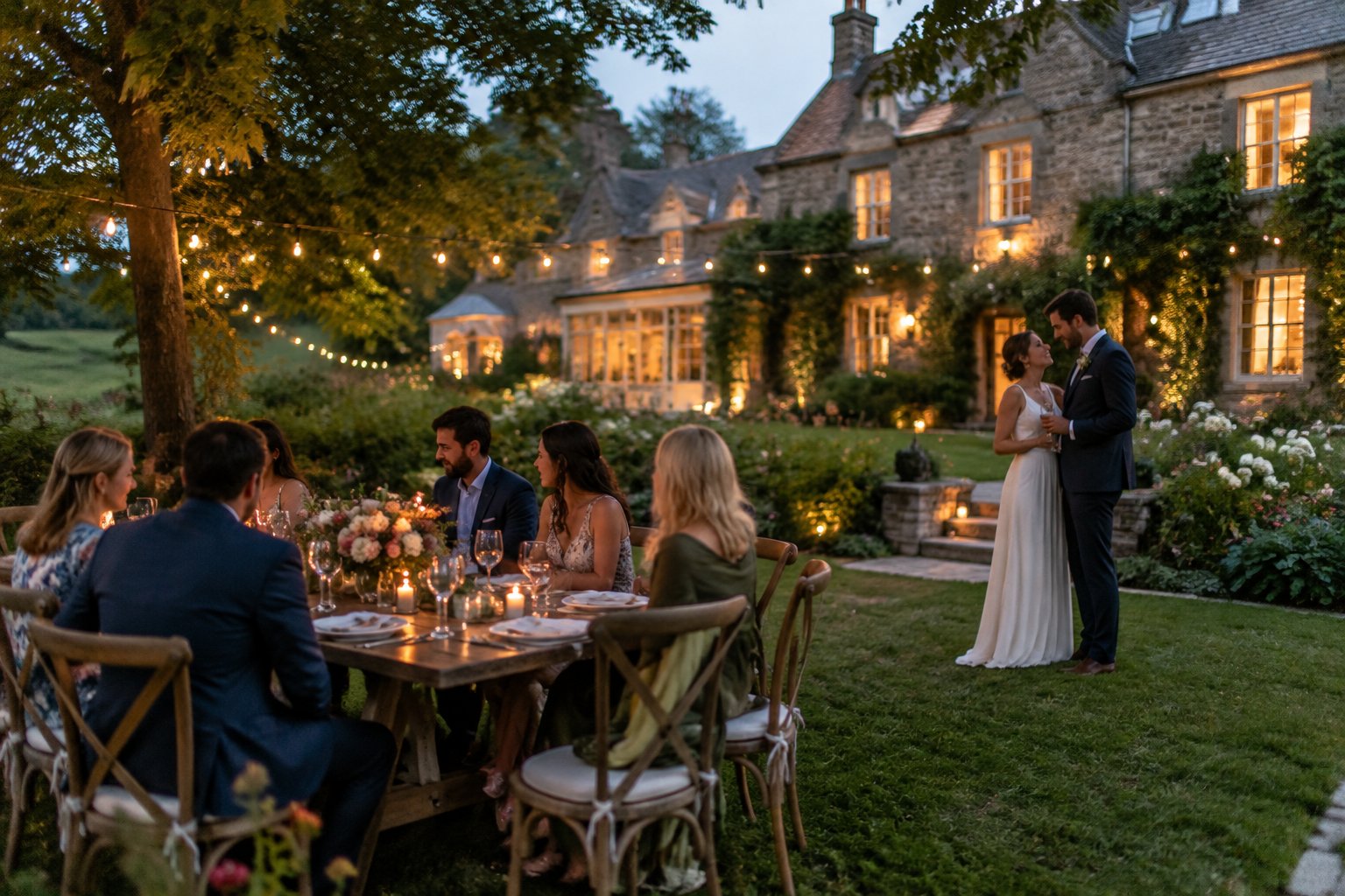 A couple celebrates with guests in the garden of a country inn.