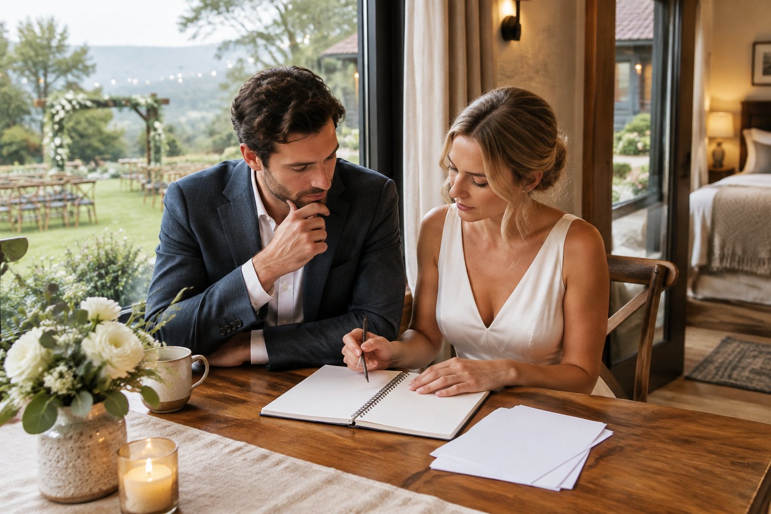 A couple reviews wedding plans at a table overlooking a small ceremony venue and guest lodging.