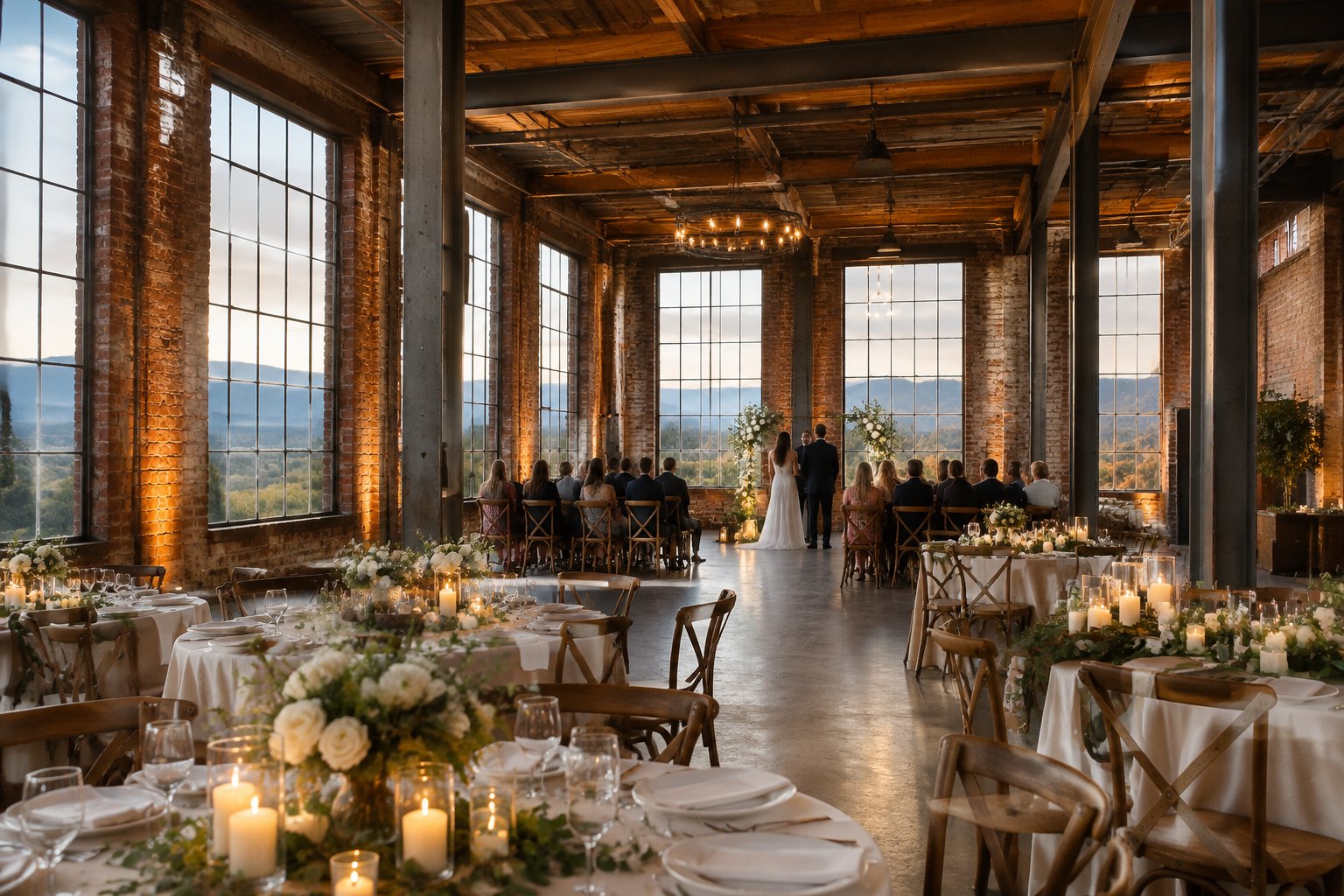 A wedding reception set inside a brick industrial venue with tall windows and decorated tables.