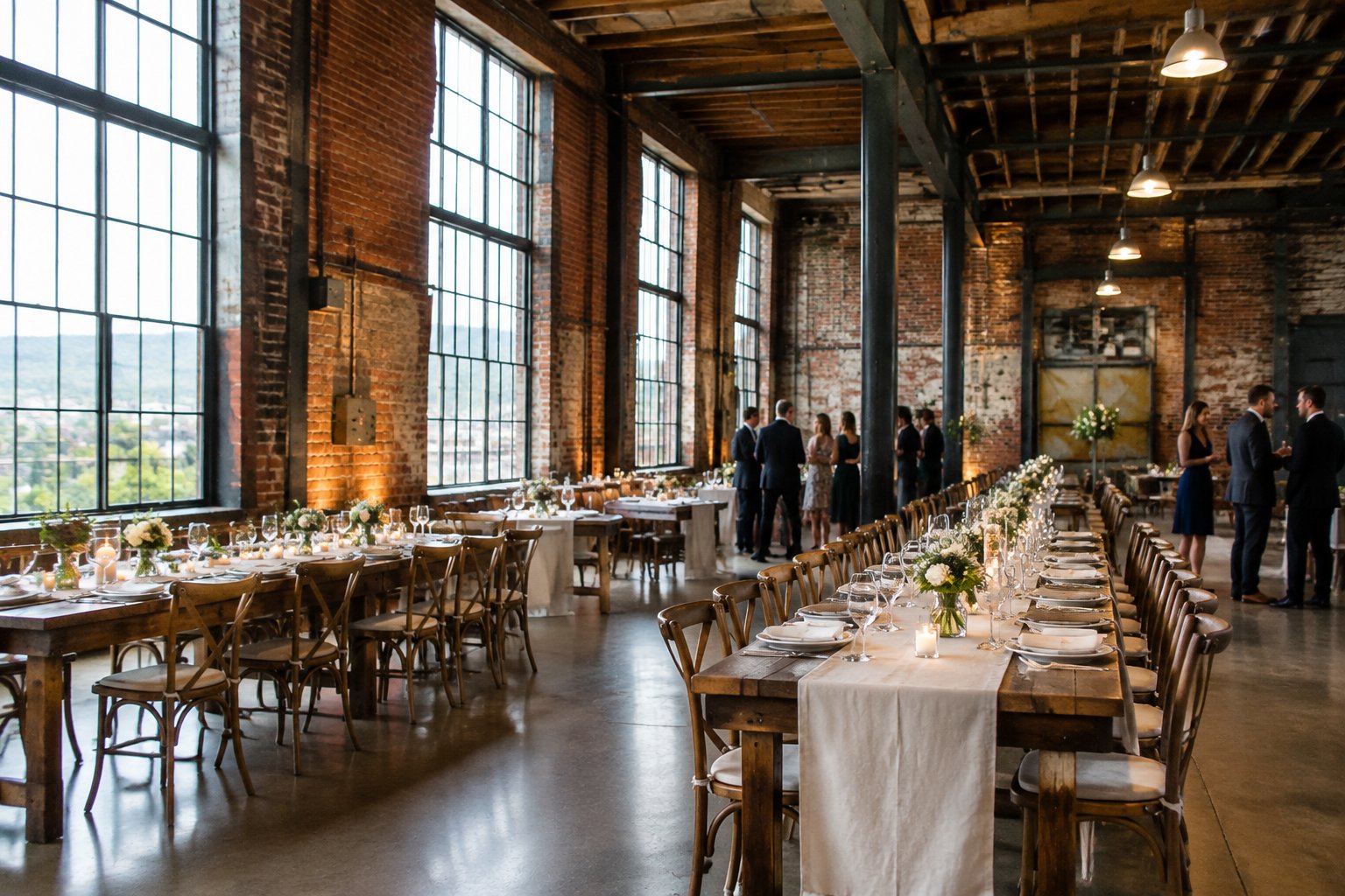 Guests gather around decorated tables inside a brick wedding venue.