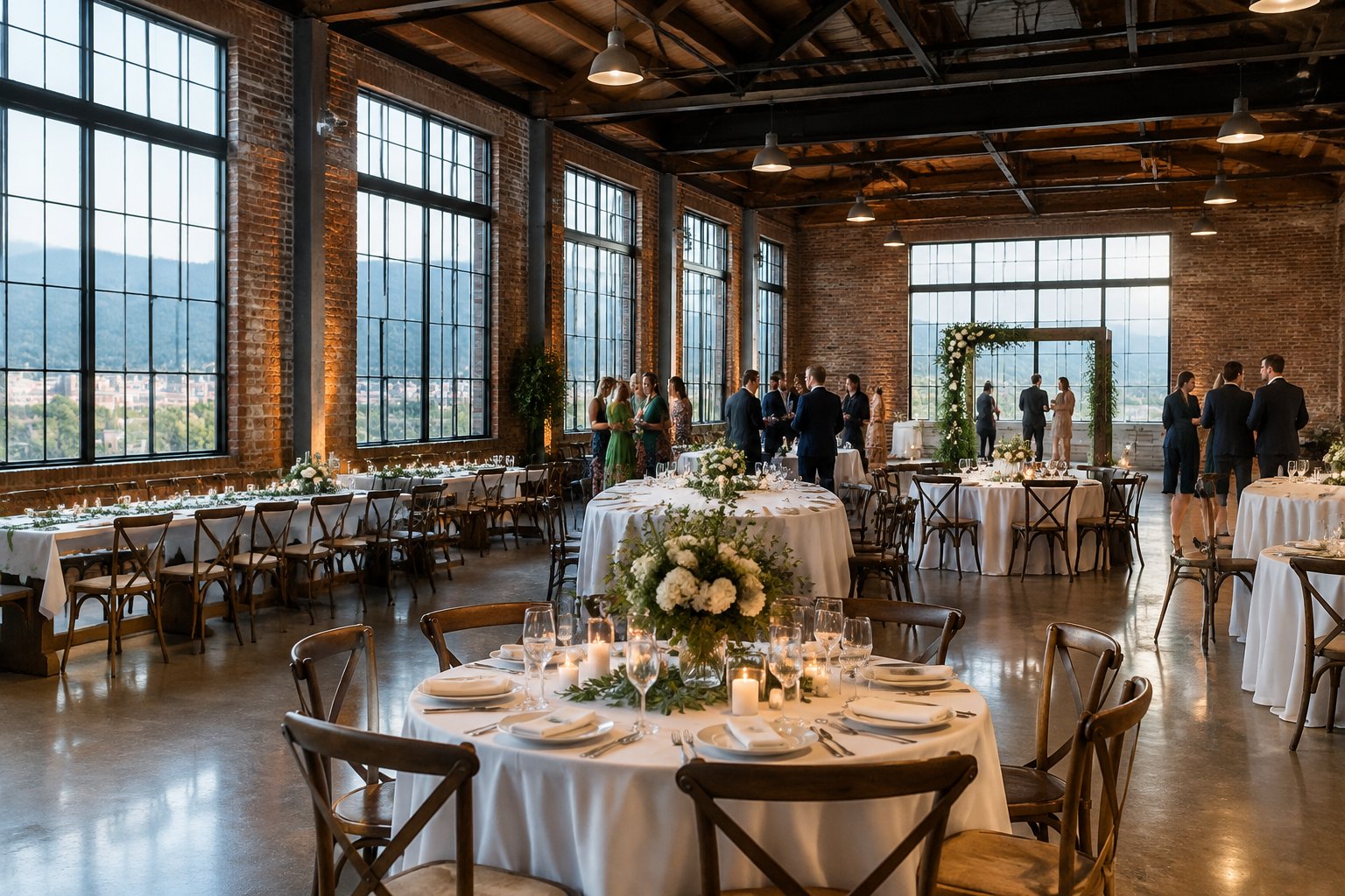 A wedding reception set up in a brick-walled warehouse venue.