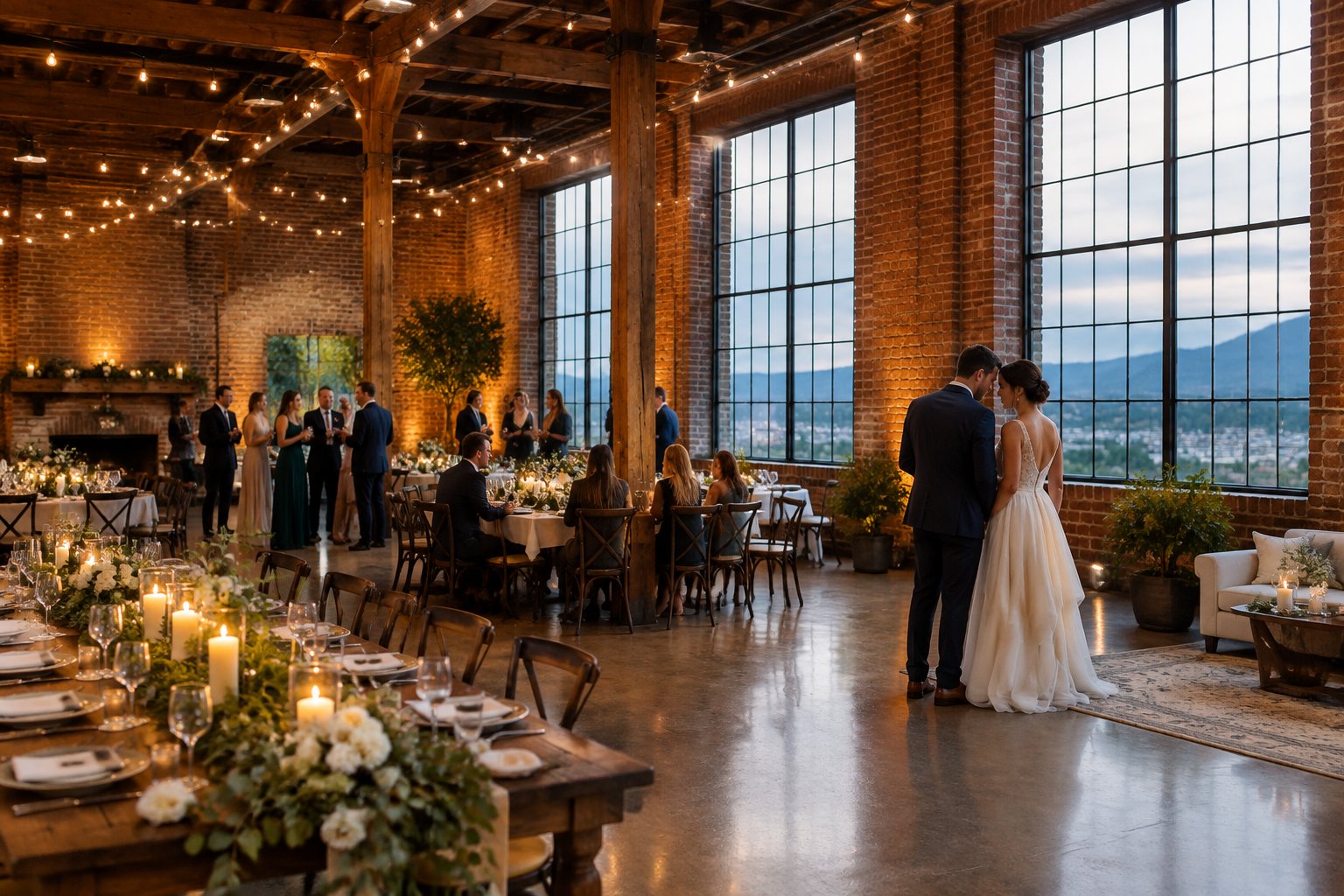A wedding reception with guests in a brick industrial venue.