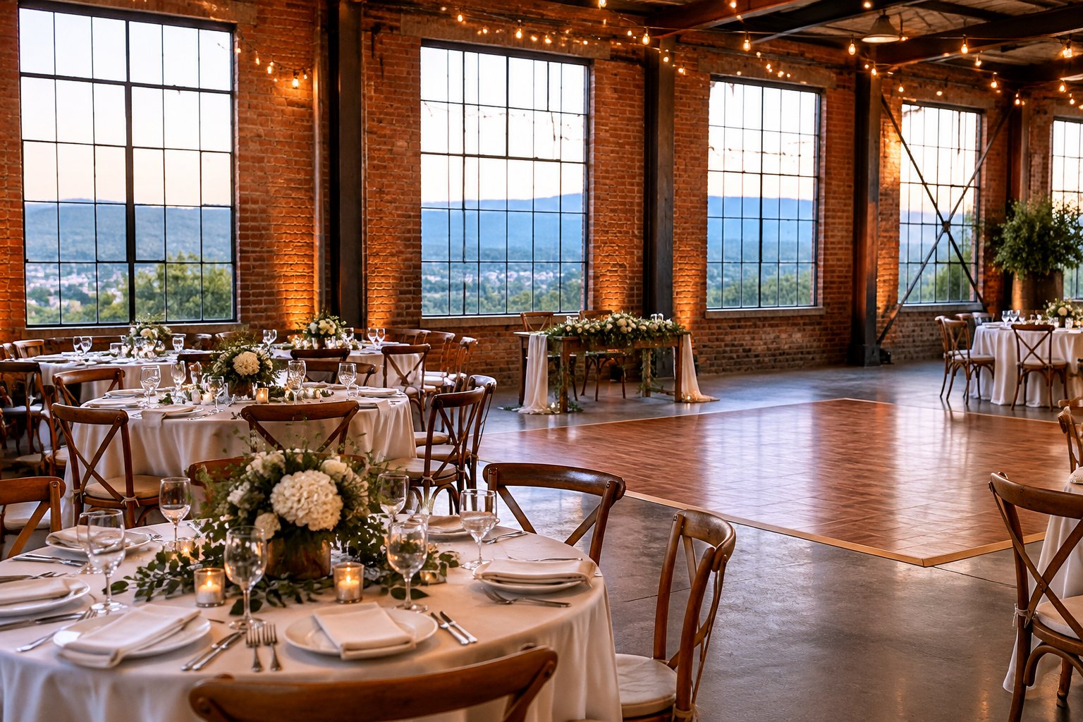 A wedding reception set in a brick industrial venue with decorated tables and warm lights.