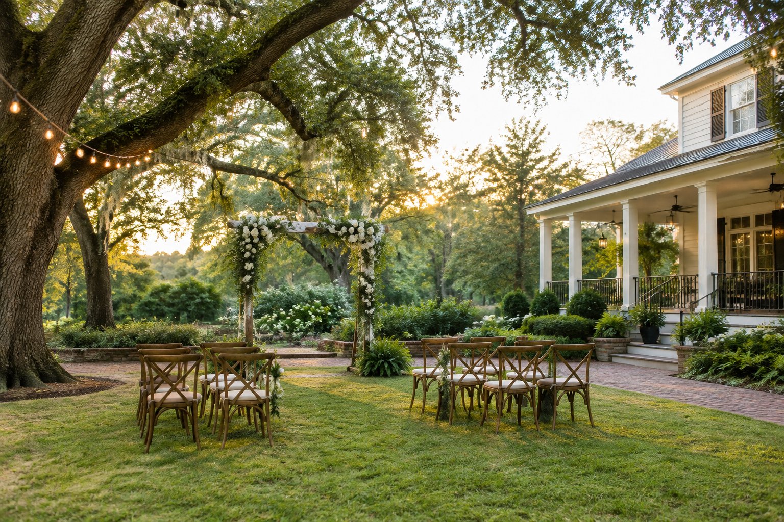 A small wedding ceremony set in a garden beside a Southern-style venue.