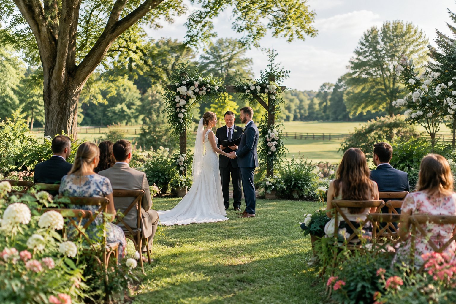 A couple exchanges vows beneath a floral arch as guests gather in a garden.
