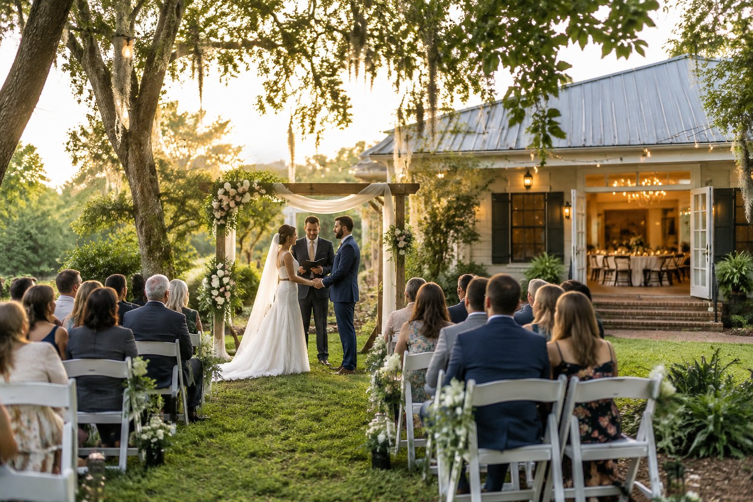 A small wedding ceremony set in a garden beside a venue.