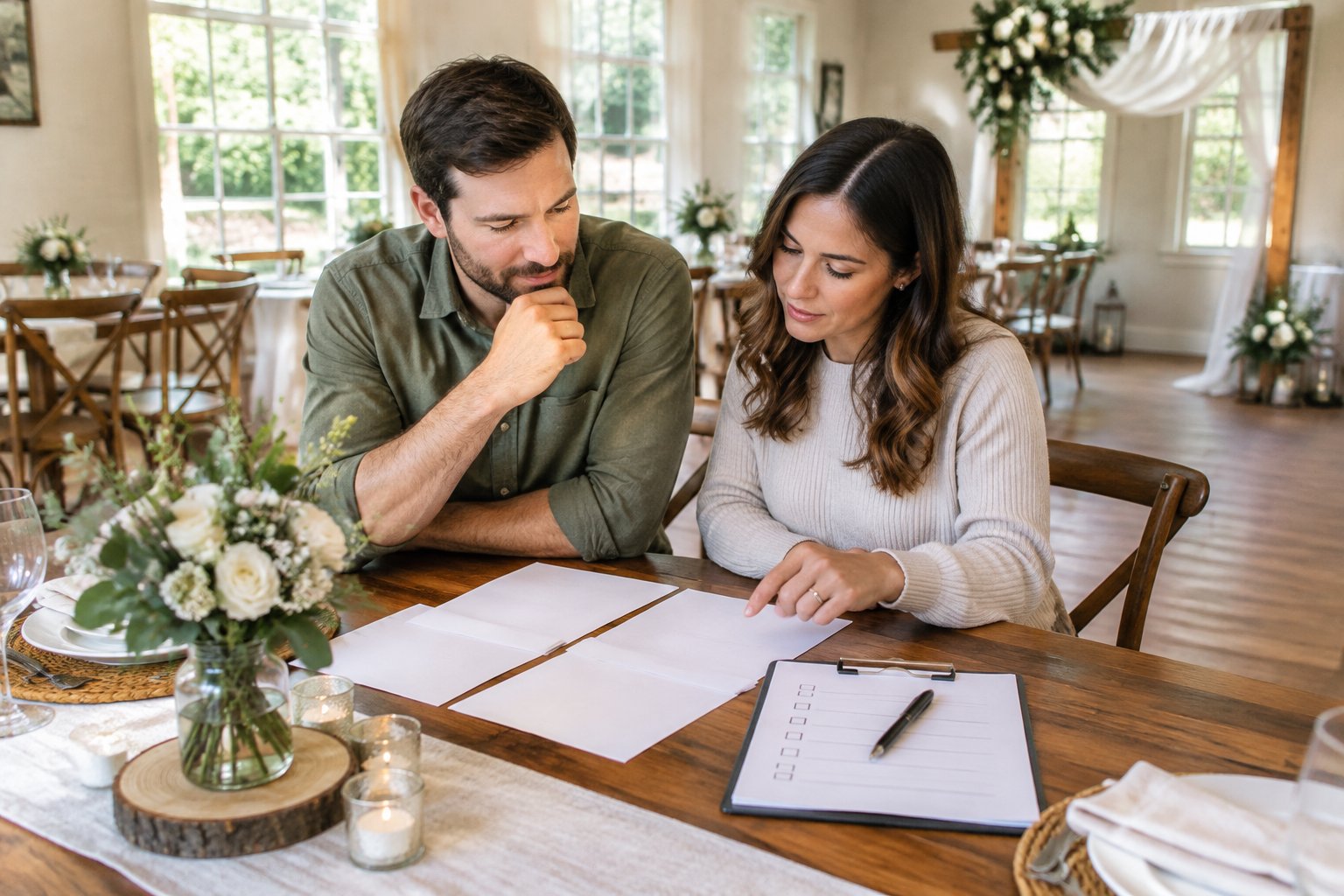 A couple reviews venue options at a table inside a small wedding venue.