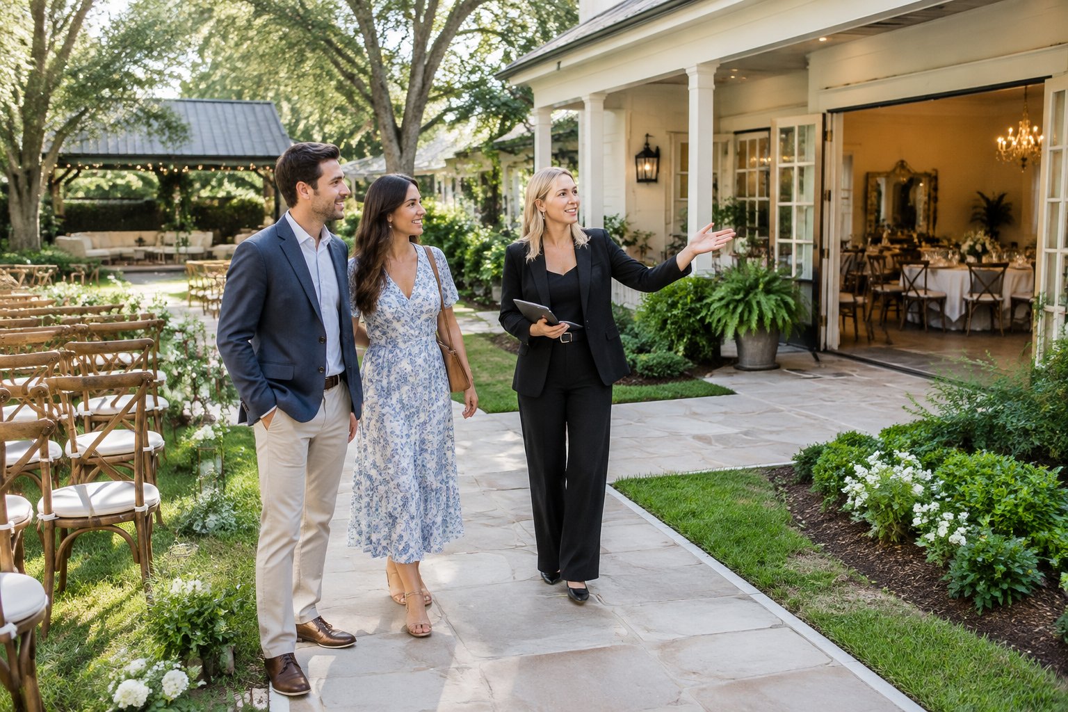 A couple tours a garden wedding venue with a coordinator.