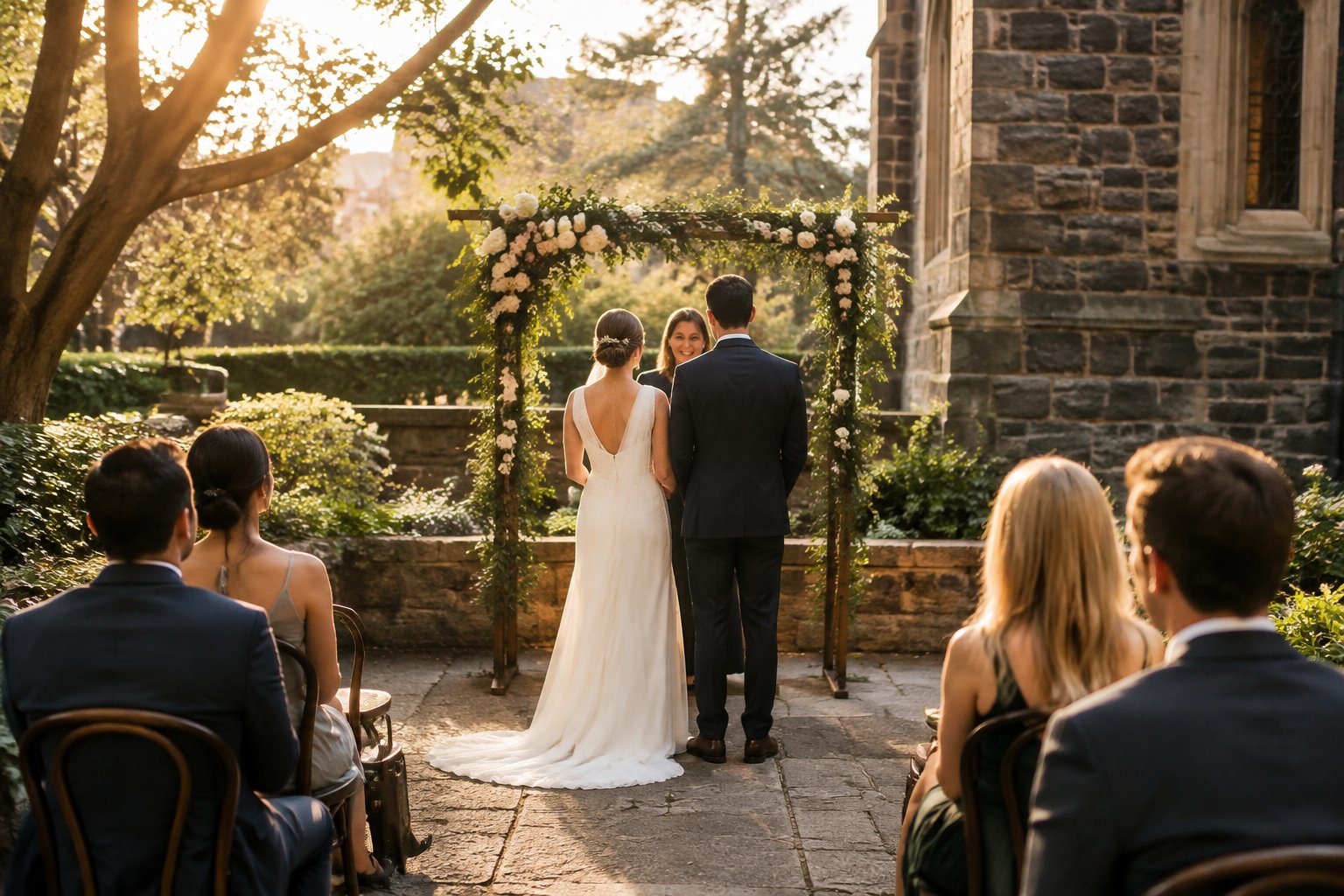 A couple holds a small wedding ceremony in a leafy courtyard with a few seated guests.