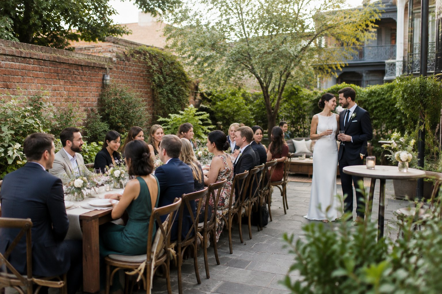 A couple and their guests celebrating at a small garden courtyard wedding.