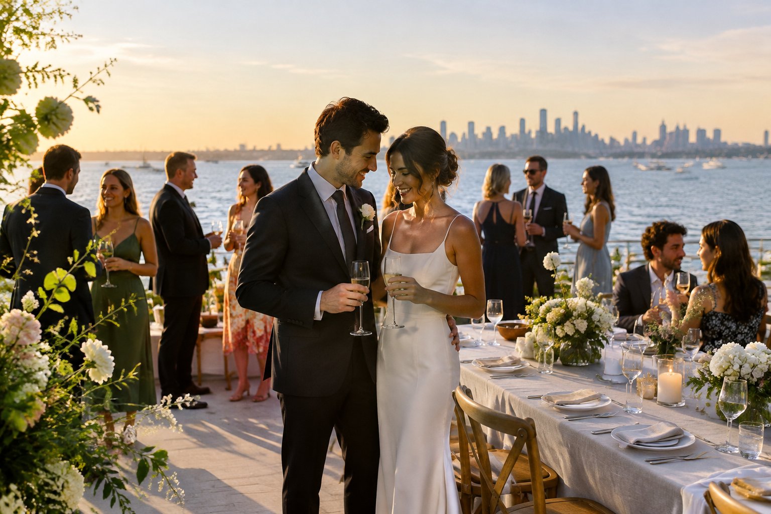 A newly married couple celebrates with guests on a terrace overlooking the bay and Melbourne skyline.
