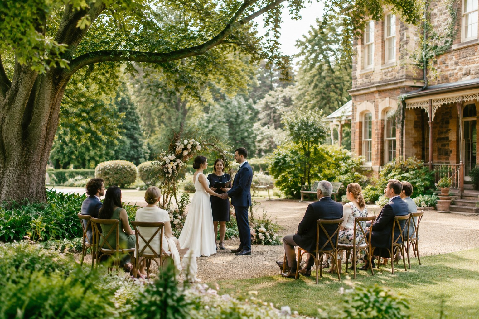 A small wedding ceremony in the garden of a historic house.