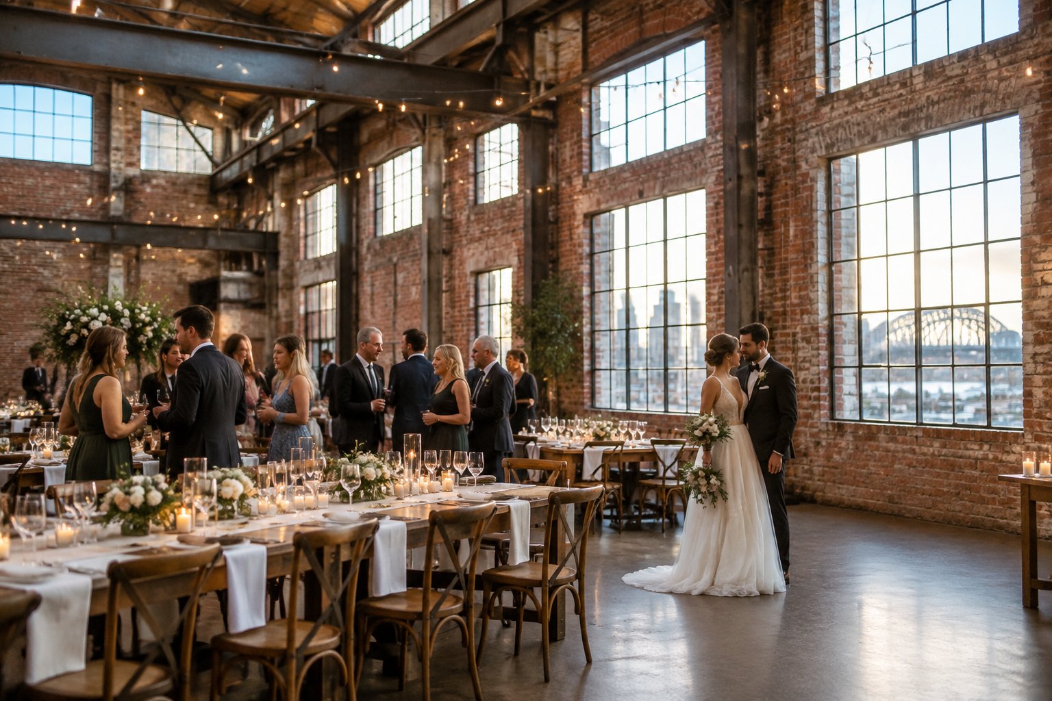 A wedding reception with guests in a brick-walled warehouse venue.