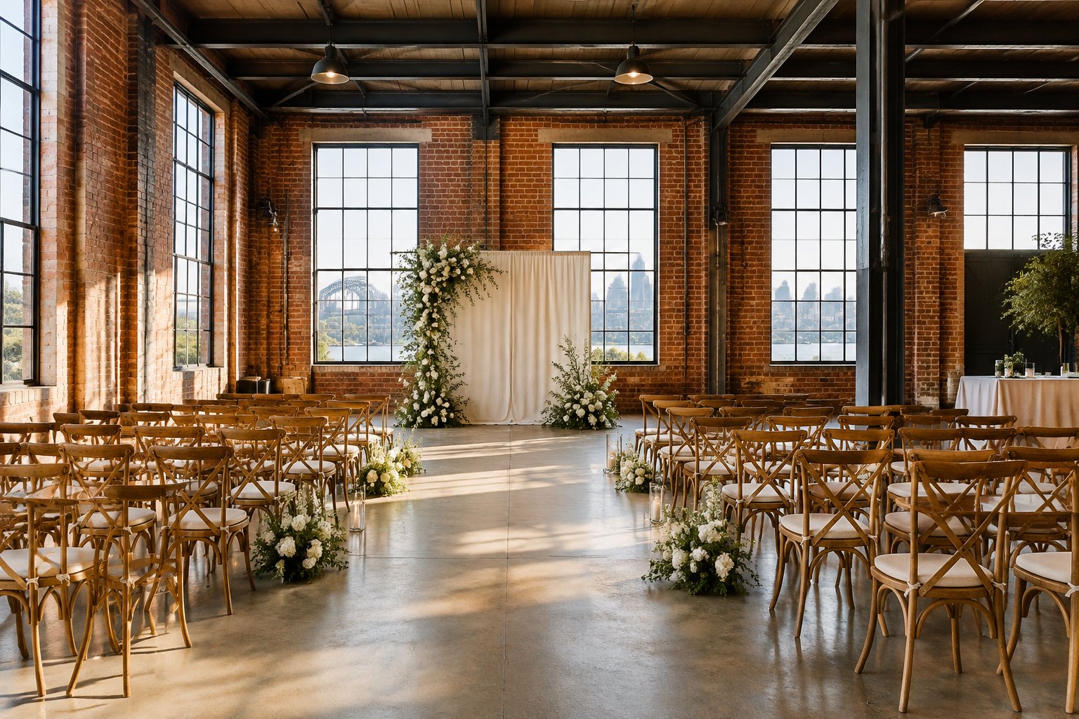 A wedding ceremony setup in a brick warehouse with large windows and timber chairs.