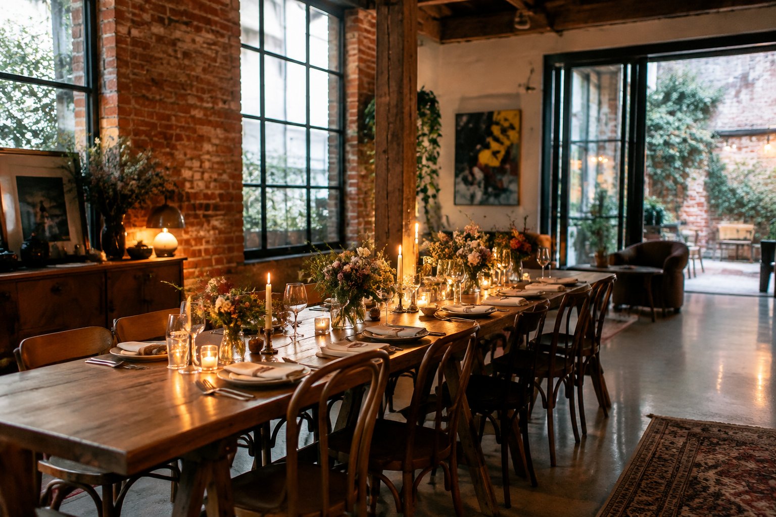A small wedding reception set around a candlelit table in a welcoming restaurant.