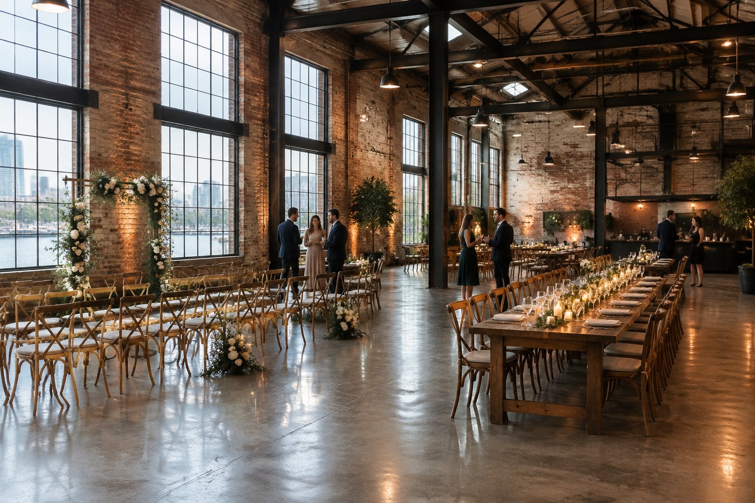 Guests gather in a Sydney warehouse arranged for a wedding ceremony and reception.