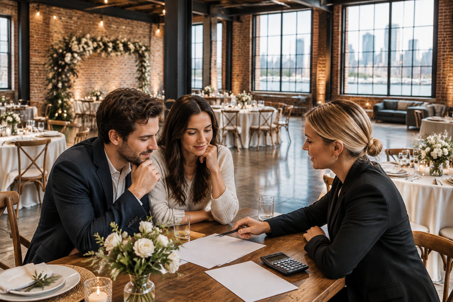 A couple and venue coordinator review wedding plans at a table in a converted warehouse venue.