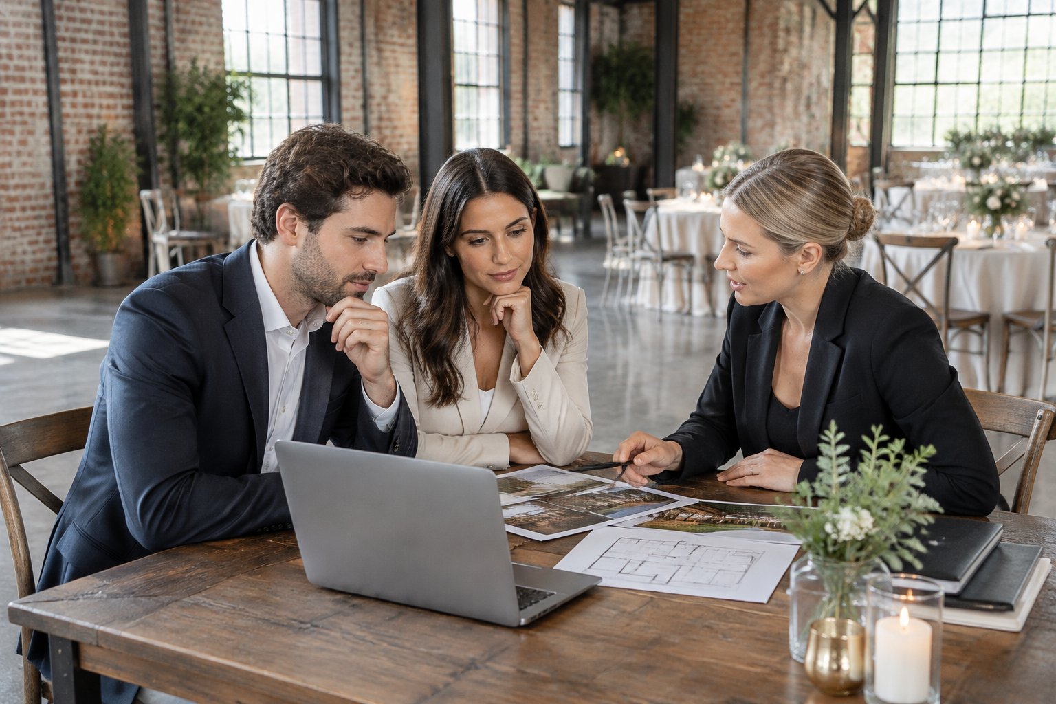 A couple reviews wedding venue options with a coordinator inside a warehouse venue.