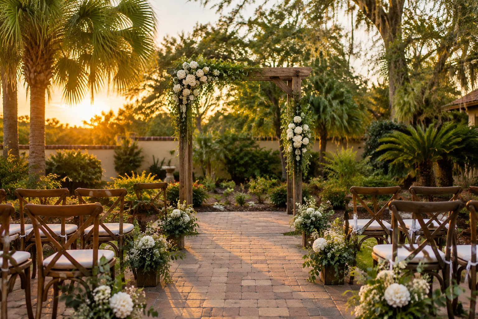 A garden wedding ceremony setup with a flower-covered arbor and rows of chairs.