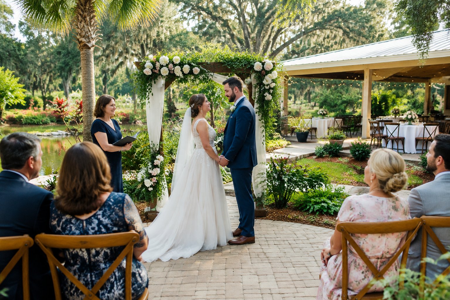 A couple shares a quiet moment beneath a floral arch at a small garden wedding.