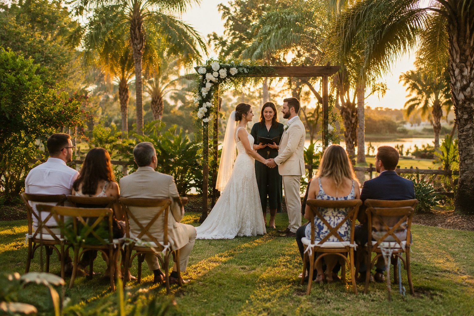 A couple stands beneath a flower-decorated arbor at a small garden wedding.