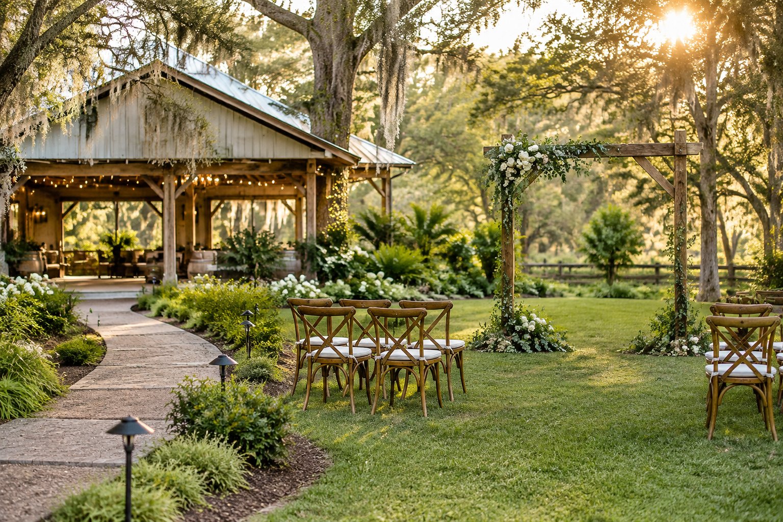 A small wedding ceremony setup beneath a garden arch at a leafy countryside venue.