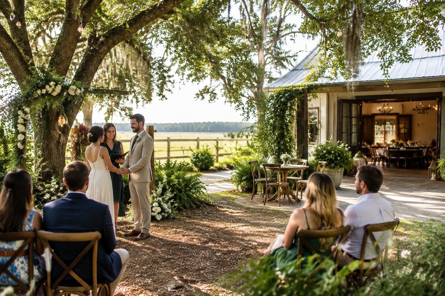 Guests gather for a small wedding in a garden beside a rural venue.
