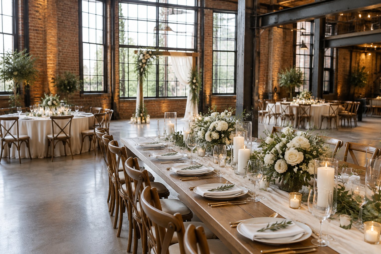 A decorated wedding reception in a brick-walled industrial loft.