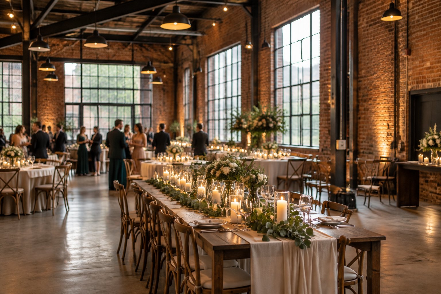 A wedding reception set inside a brick warehouse with tall windows and steel beams.