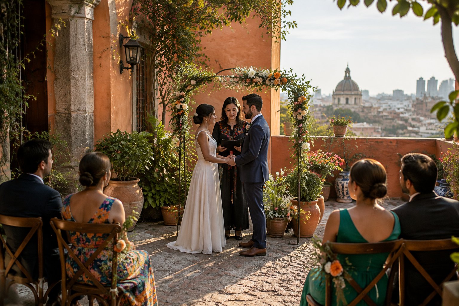 A couple celebrates their wedding with guests in a leafy courtyard in Mexico City.