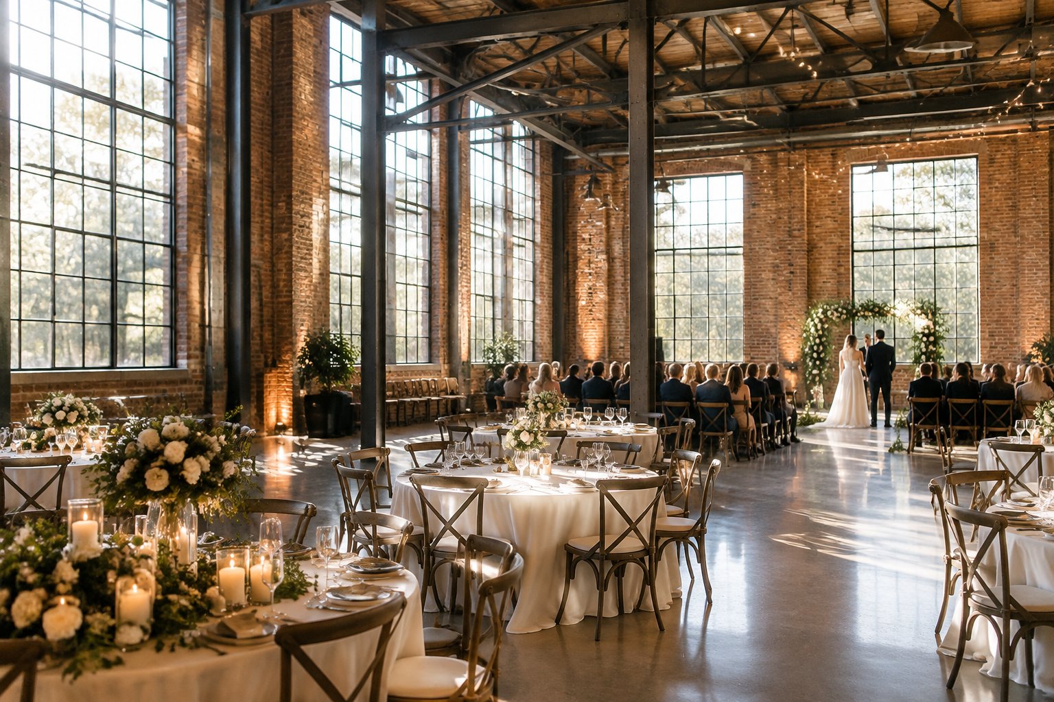 A wedding reception arranged inside a spacious warehouse with exposed brick walls and tall windows.