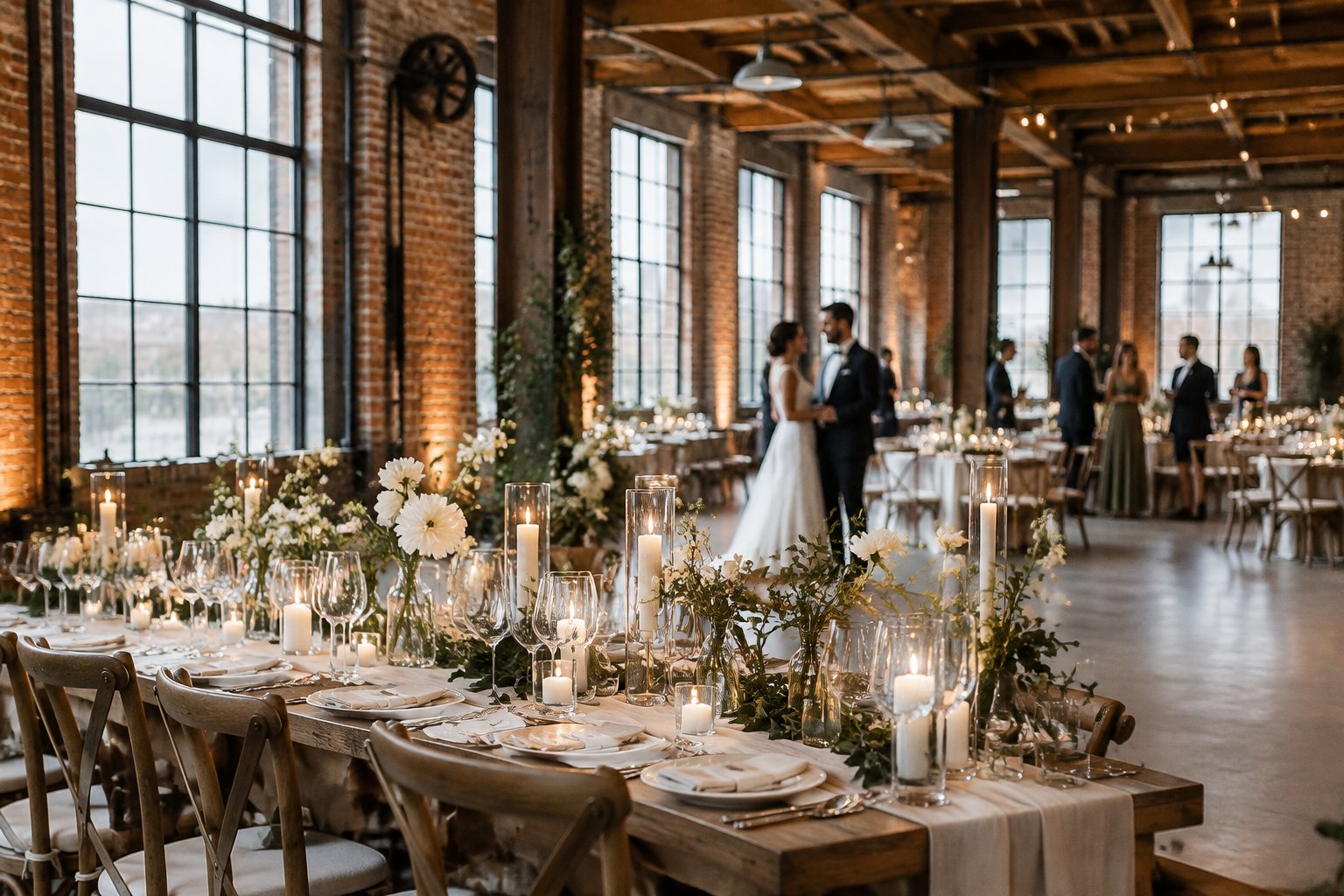 A wedding reception table in a spacious brick-and-steel warehouse venue.