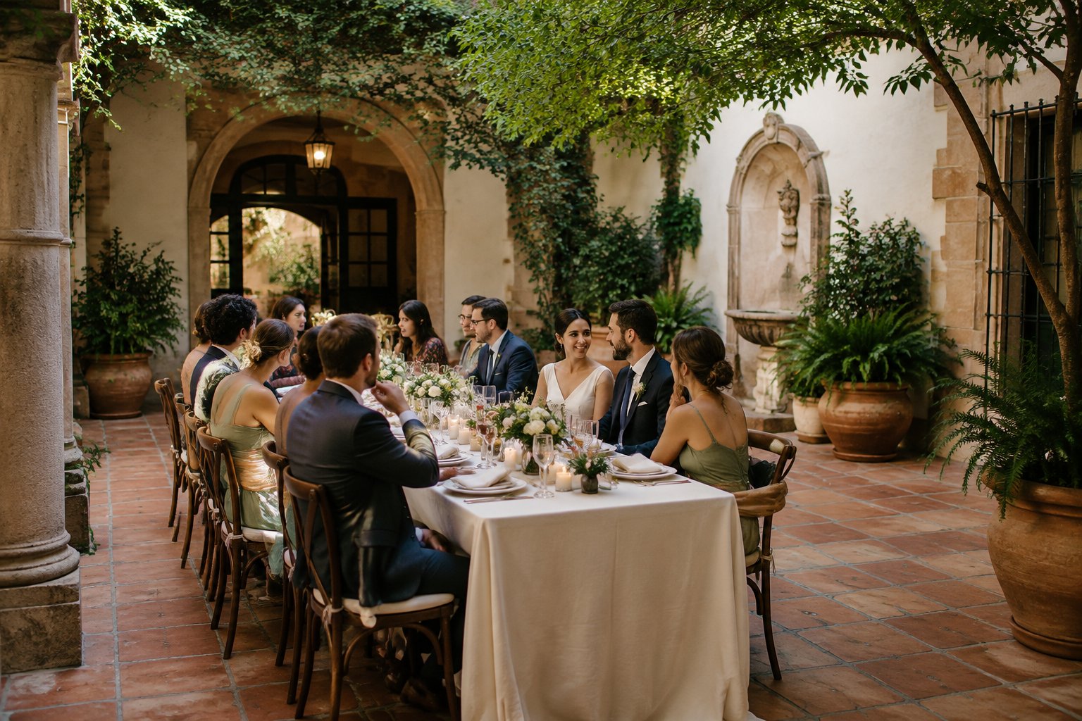 A couple and a small group of guests share dinner at a decorated courtyard table.