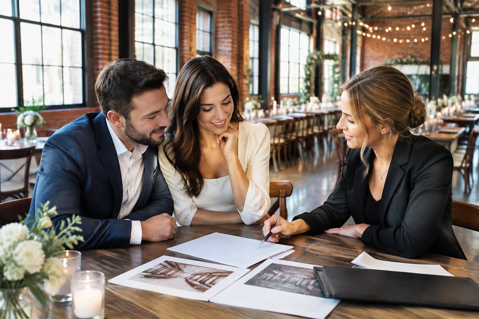 A couple and wedding planner review documents at a table in a warehouse wedding venue.