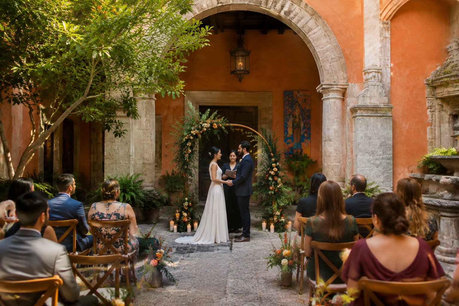 A couple celebrates their wedding with guests in a historic courtyard in Mexico City.