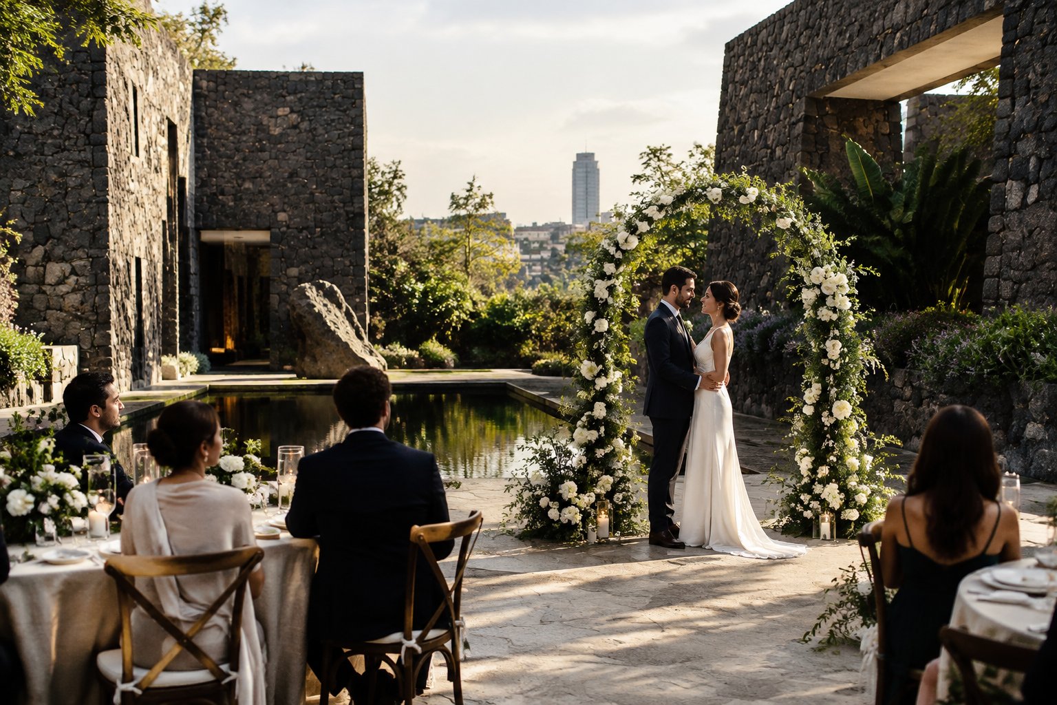 A couple celebrates with guests in a garden courtyard beside a dark stone residence.