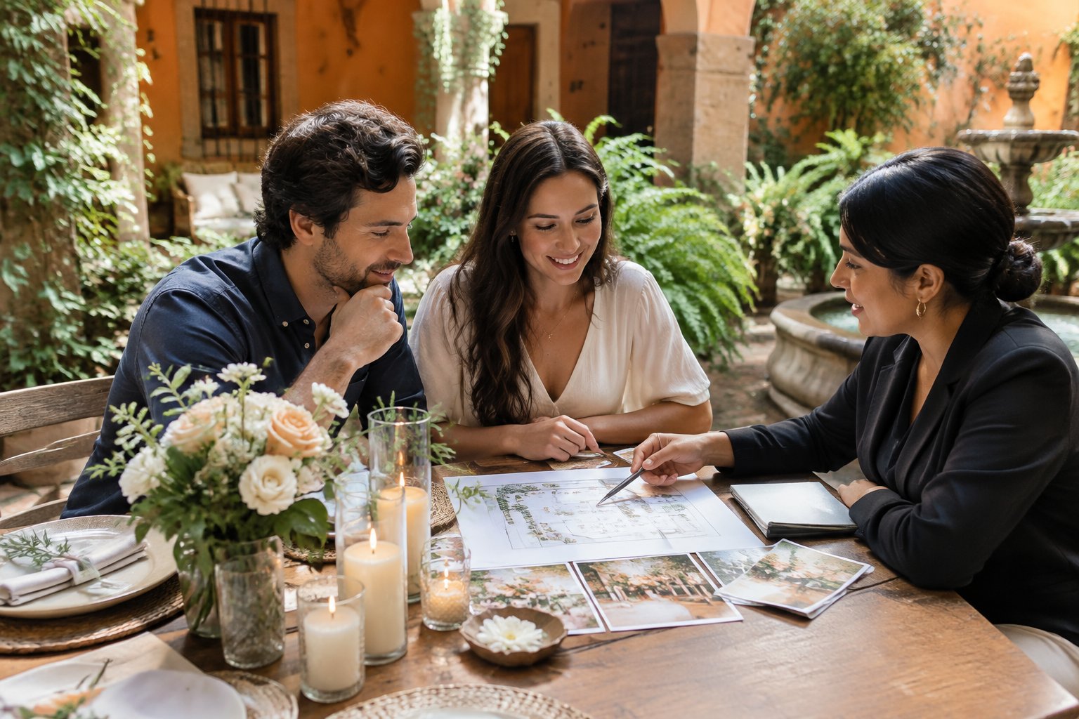 A couple and wedding planner discuss arrangements at a courtyard table.