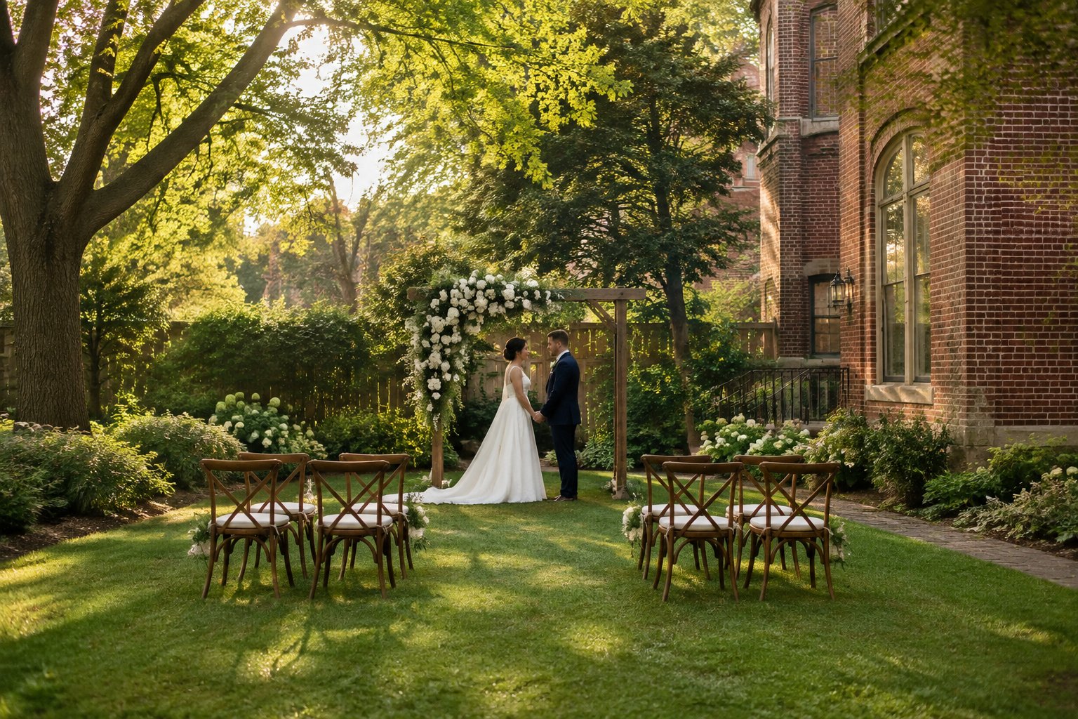 A couple stands beneath a flower-decorated arch at a small garden wedding.