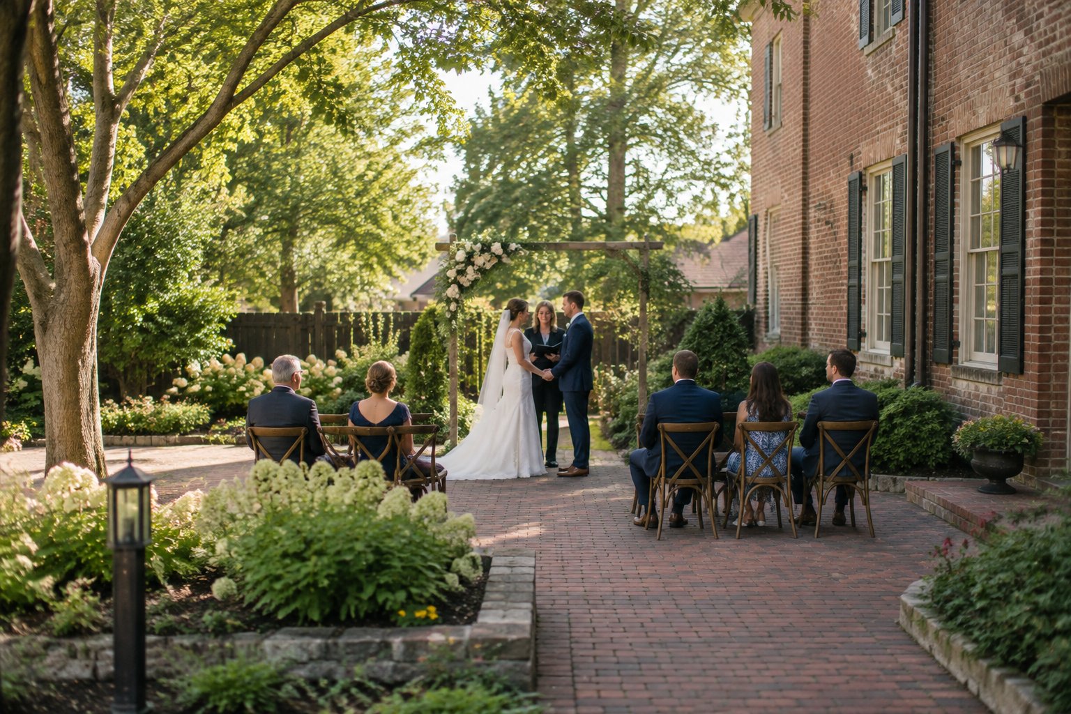 A couple exchanges vows in a garden courtyard as a small group of guests watches.