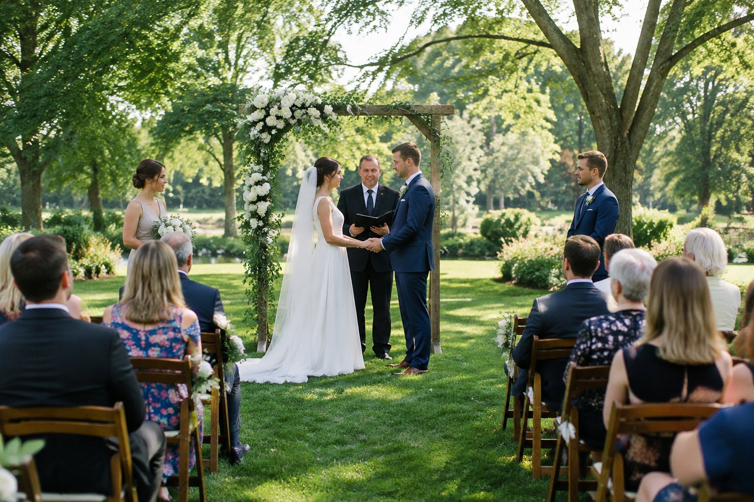 A couple exchanges vows beneath a floral arbor in a leafy park as a small group of guests watches.