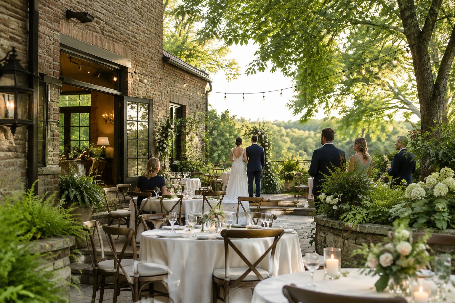 A couple celebrates with a small group in a garden beside a charming venue.