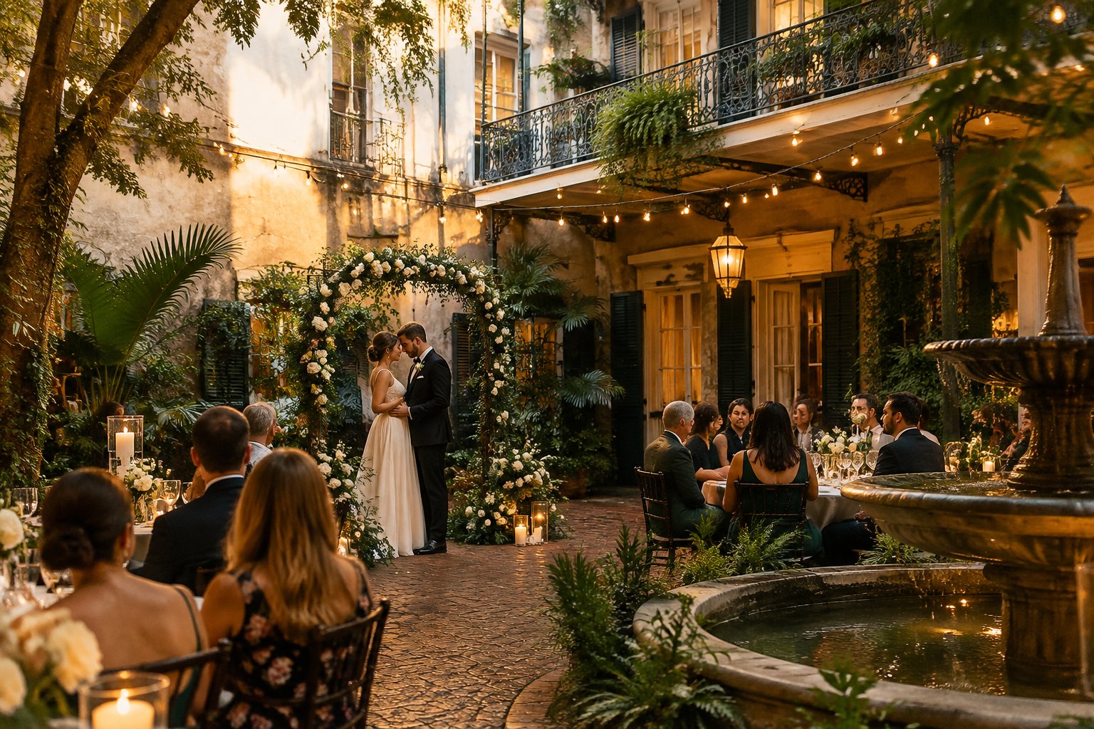 A couple celebrates their wedding with guests in a leafy French Quarter courtyard.
